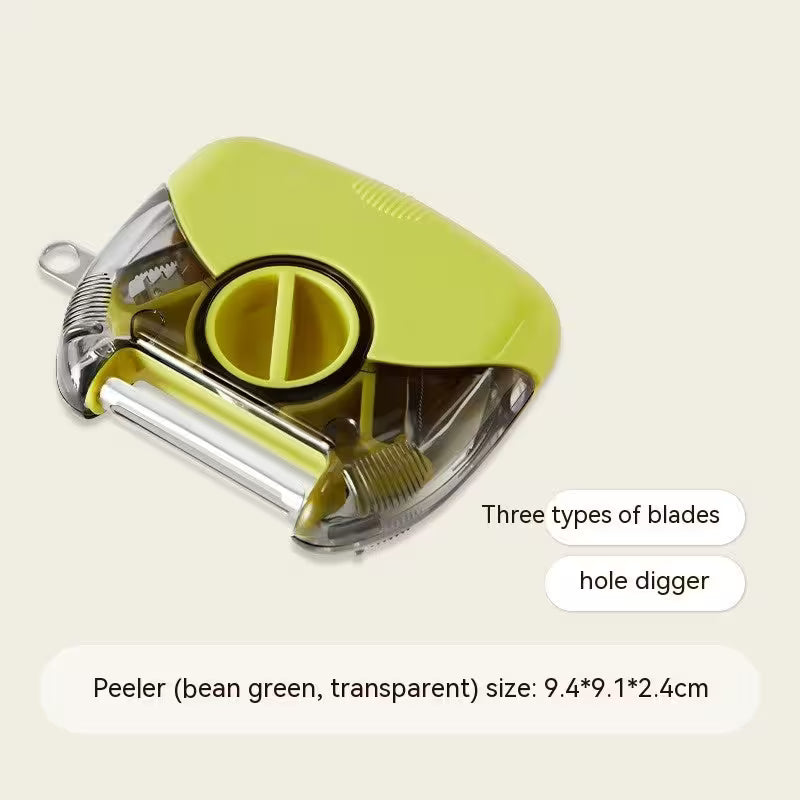 Yellow peeler with three types of blades on a beige background