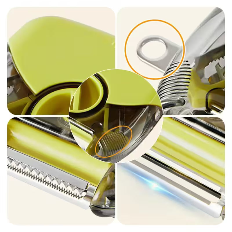 Collage of a green kitchen tool with close-up details on a beige background
