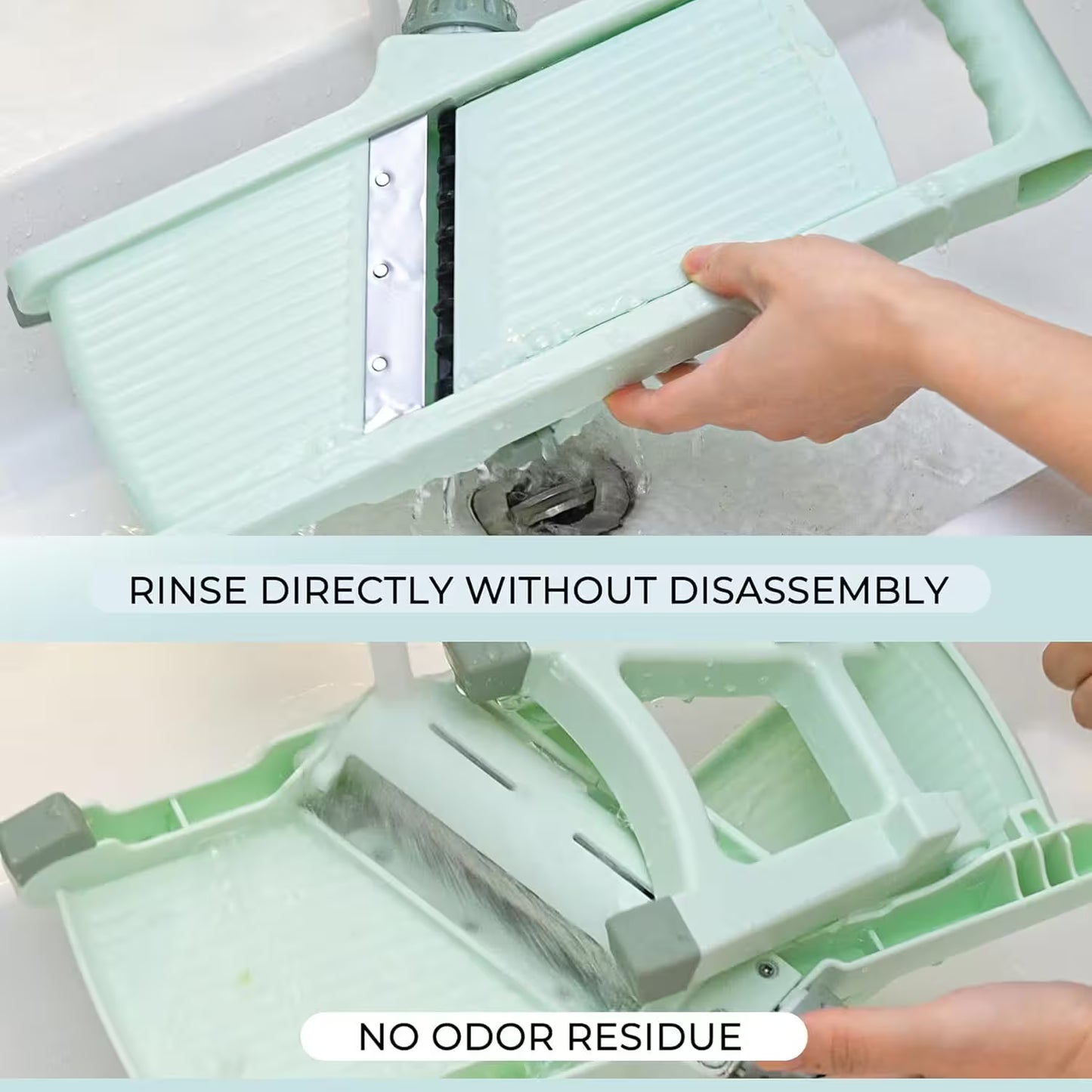 Green kitchen tool with text indicating rinsing without disassembly and no odor residue.