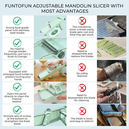 Comparison chart of a Funtofun adjustable mandolin slicer with pros and cons.