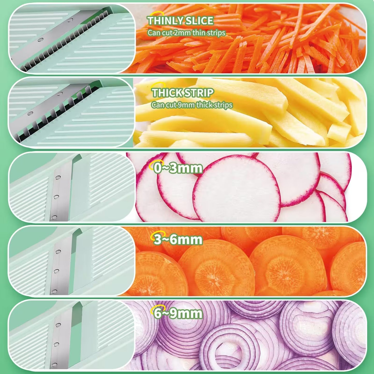 Collage of sliced vegetables with corresponding blade settings on a green background