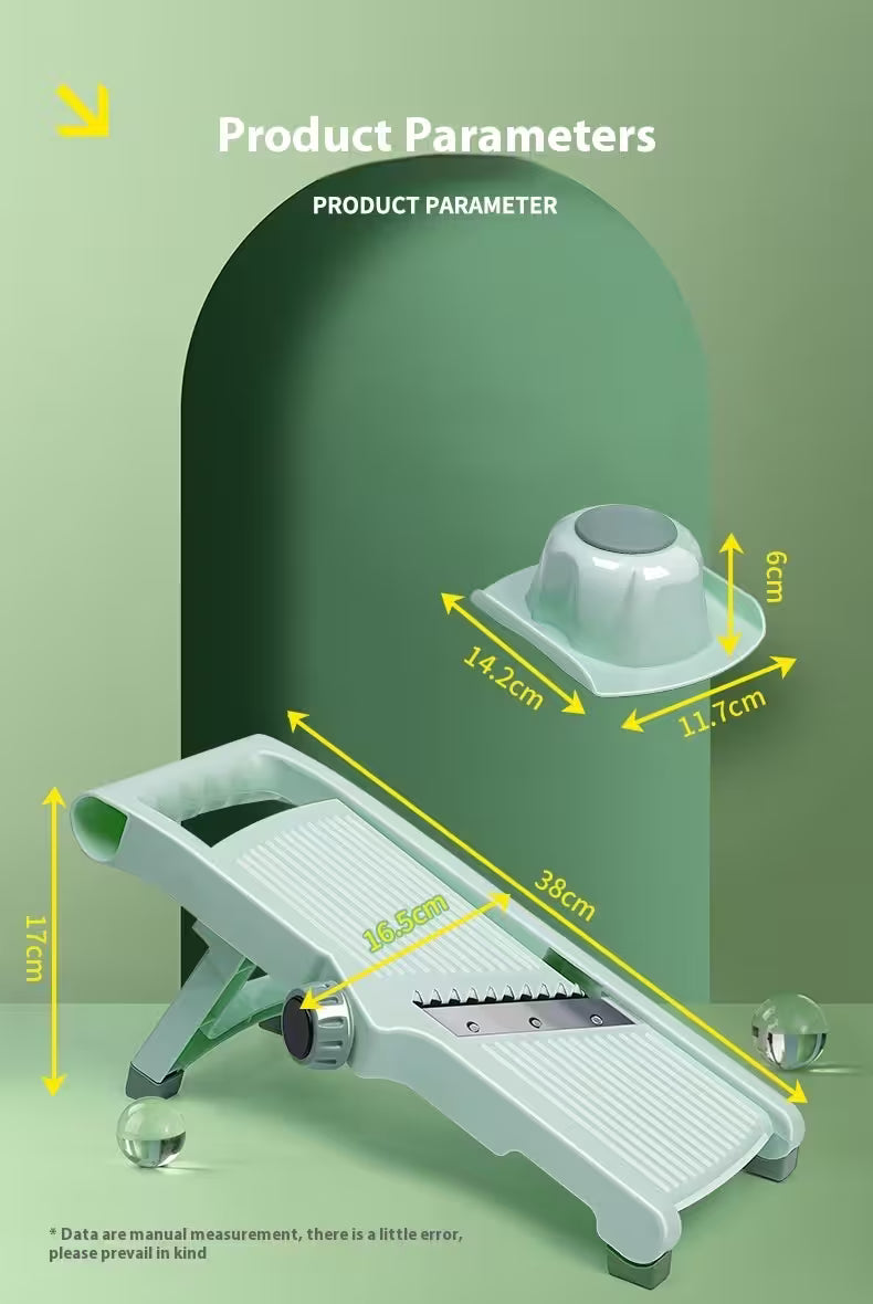 Measurement chart of a kitchen tool with dimensions labeled on a green background