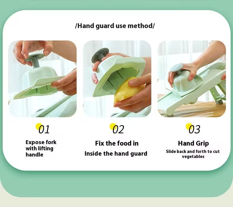 Instructions on how to use a hand guard for cutting vegetables with step-by-step images.