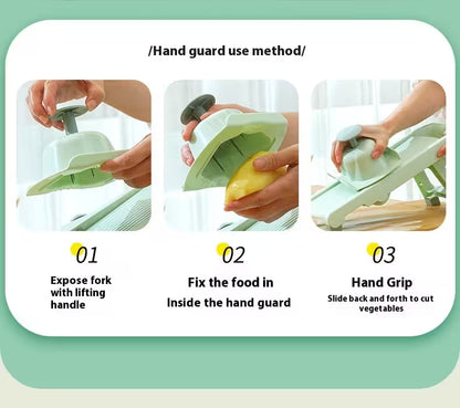 Instructions on how to use a hand guard for cutting vegetables with step-by-step images.