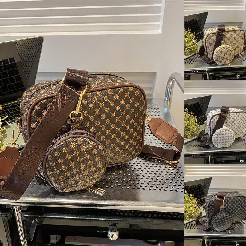 Brown patterned handbag with matching round pouch on a metallic surface.