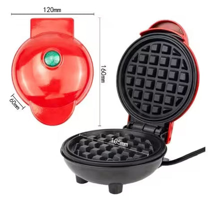 Red and black waffle maker with dimensions indicated