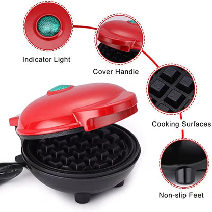 Red and black waffle maker with labeled parts on a white background