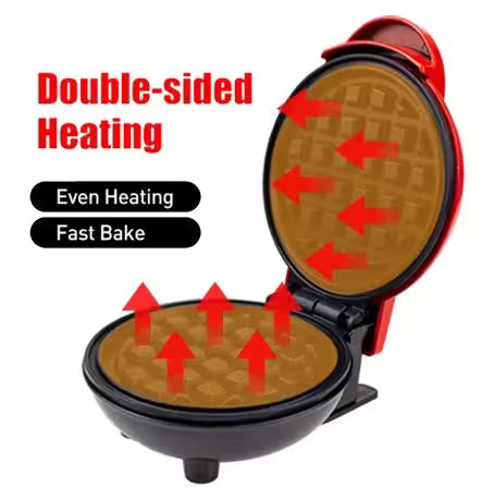 Double-sided waffle maker with text indicating 'Double-sided Heating', 'Even Heating', and 'Fast Bake'.