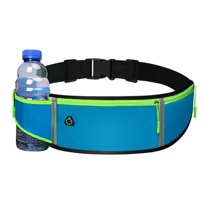 Blue waist bag with green accents holding a water bottle on a white background