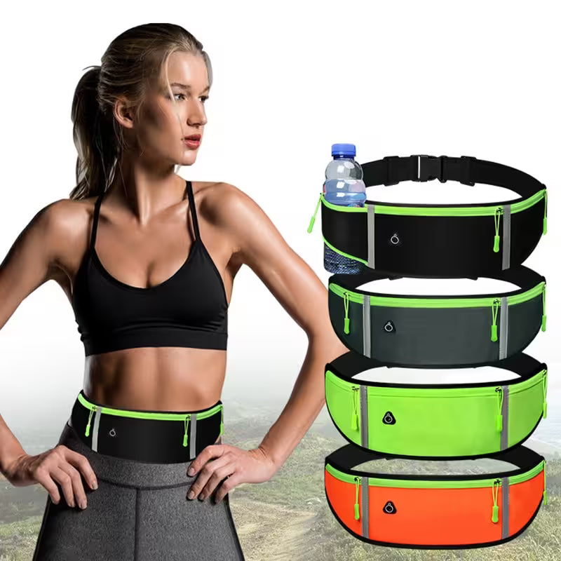 Woman wearing a black sports bra and gray leggings with a green waist bag, surrounded by additional waist bags in different colors.