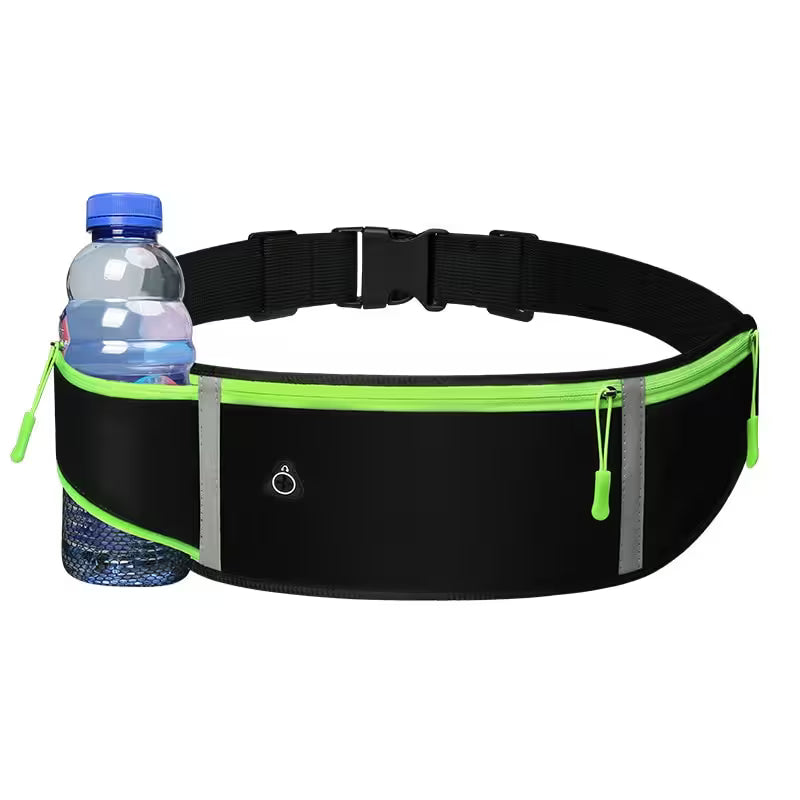 Black waist bag with green accents holding a water bottle on a white background