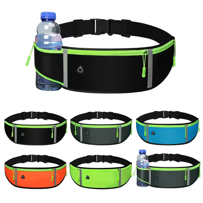Black waist belt with green accents holding a water bottle, shown in various colors on a white background.