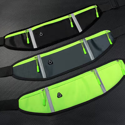 Three waist bags with neon green accents on a black textured background