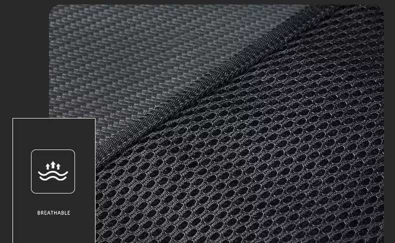 Close-up of black breathable fabric with water droplet icon and 'Breathable' text.