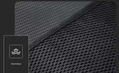 Close-up of black breathable fabric with water droplet icon and 'Breathable' text.