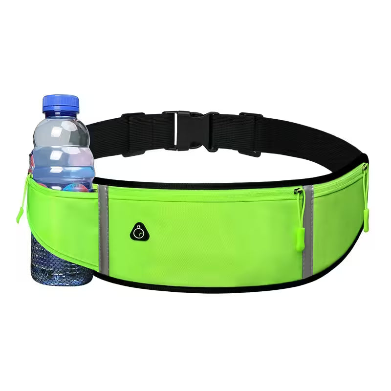 Green waist bag with water bottle holder on a white background