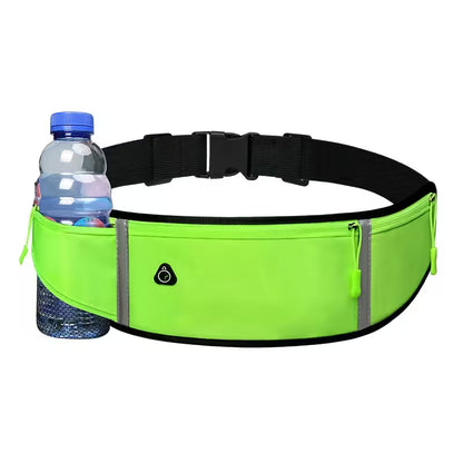 Green waist bag with water bottle holder on a white background