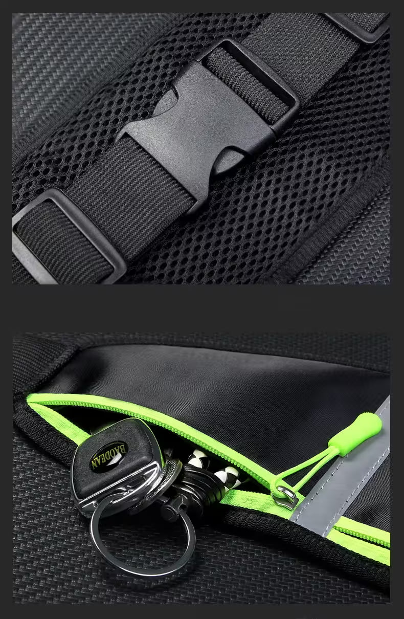 Close-up of a black bag with a green zipper and keychain attachment.