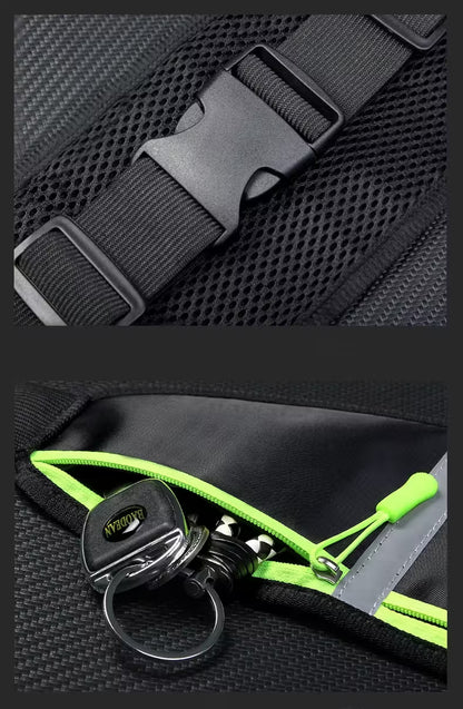 Close-up of a black bag with a green zipper and keychain attachment.