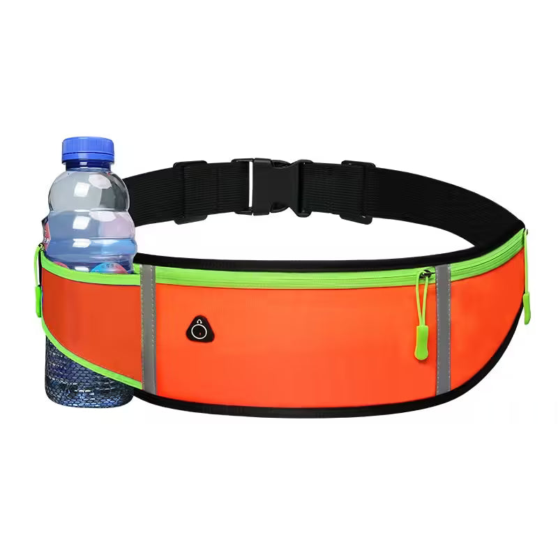Orange waist bag with green accents holding a water bottle on a white background