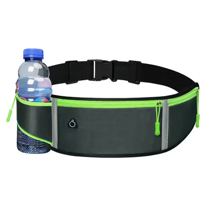 Black waist bag with green accents holding a water bottle on a white background