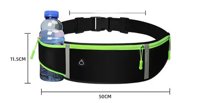 Black waist bag with green accents and a water bottle, shown with measurements on a white background.
