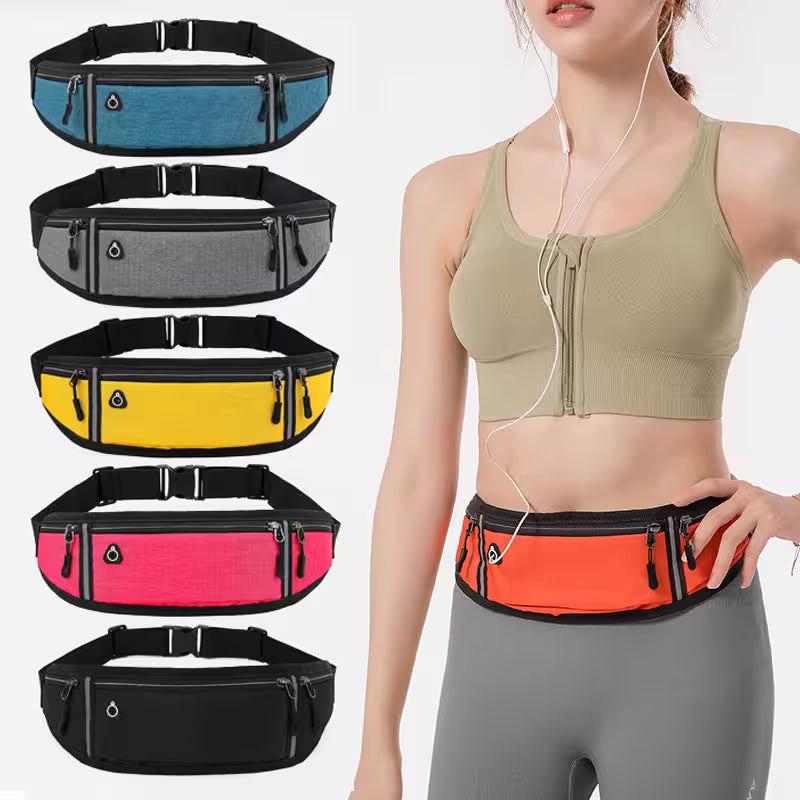 Woman wearing a waist bag with multiple color options displayed above her.