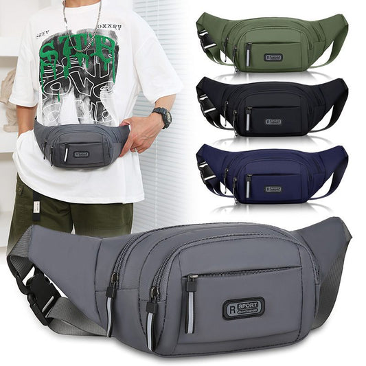 Person holding a gray waist bag with four other waist bags displayed above on a white background.