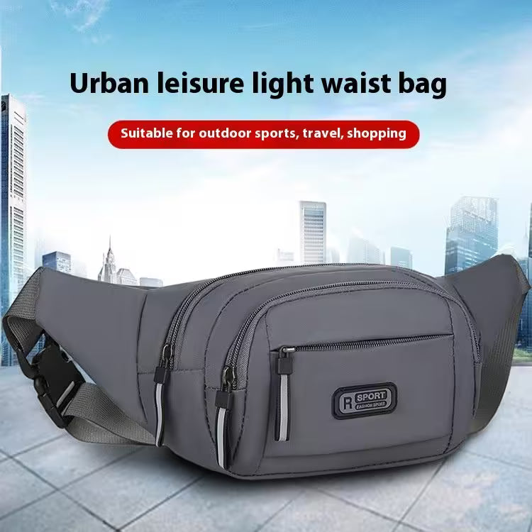 Gray waist bag with 'R Sport' logo on a cityscape background