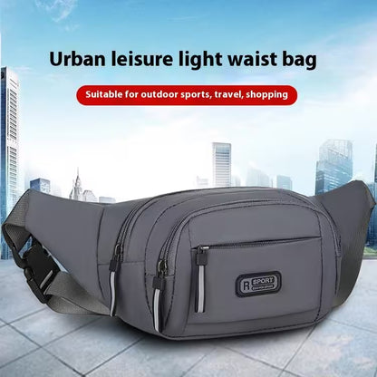 Gray waist bag with 'R Sport' logo on a cityscape background