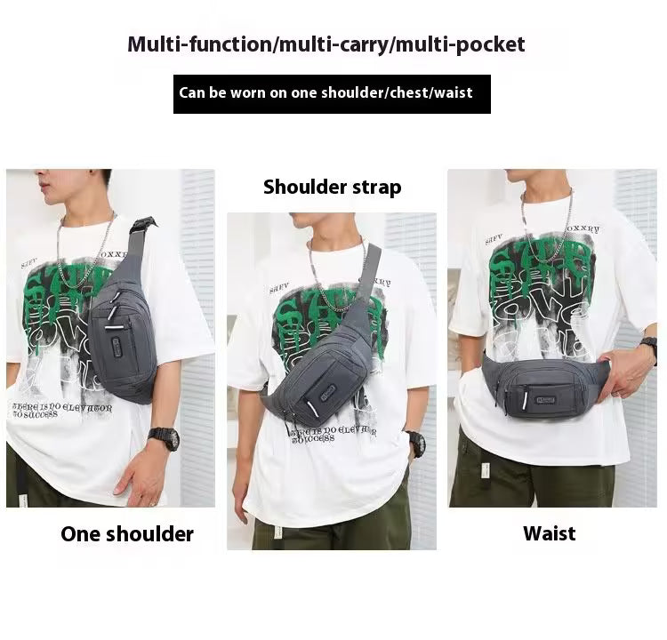 Multi-functional bag worn on one shoulder, chest, and waist with text indicating its features.