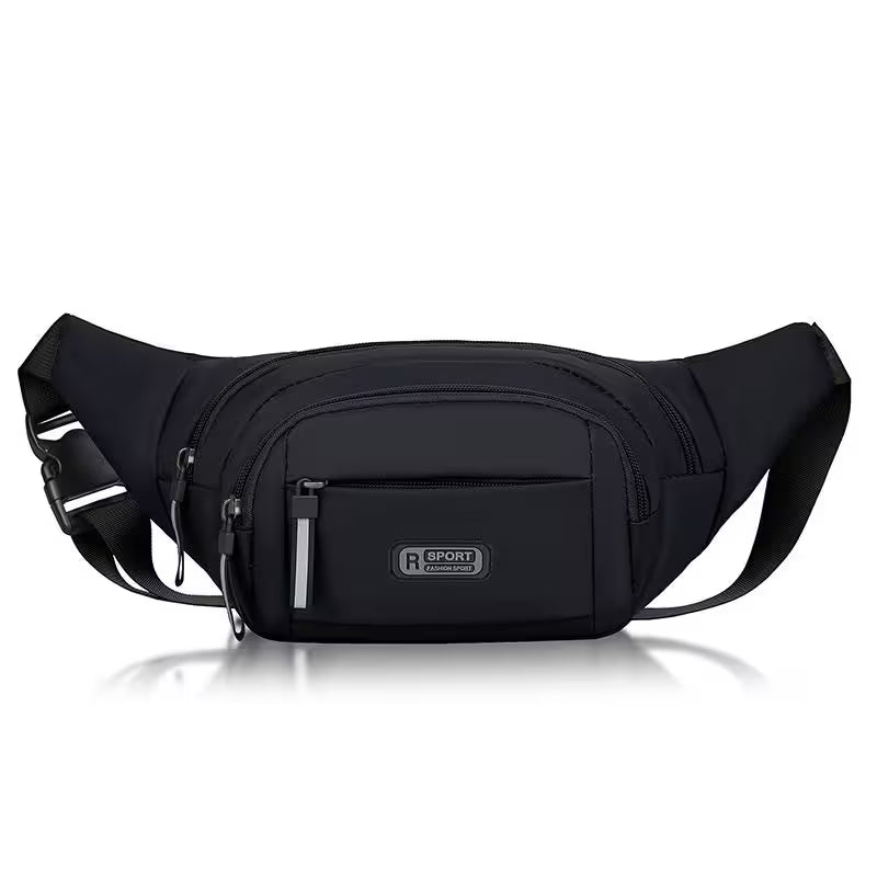 Black waist bag with a visible brand logo on a white background
