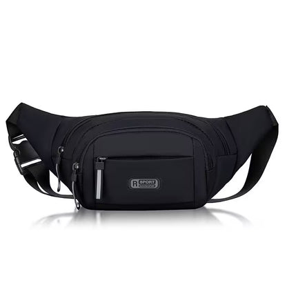 Black waist bag with a visible brand logo on a white background