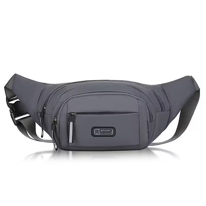 Gray waist bag with a visible brand logo on a white background