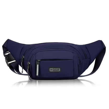 Navy blue waist bag with a visible brand logo on a white background