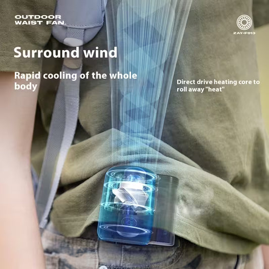 Outdoor waist fan with text on rapid cooling and heating function