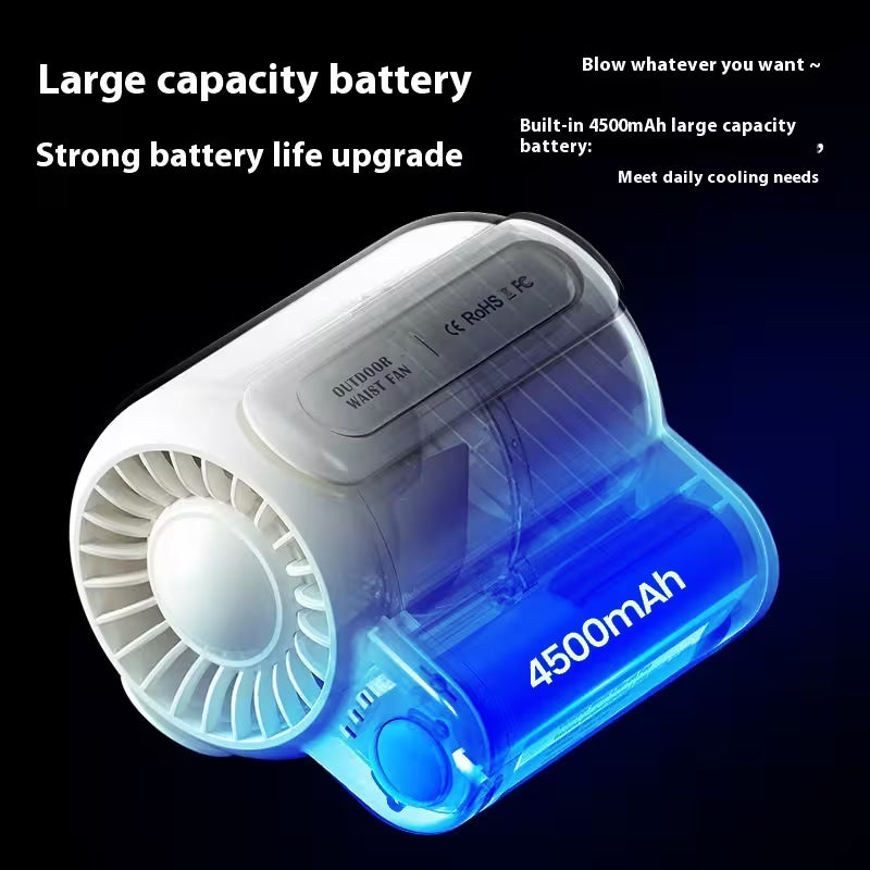 Portable fan with 4500mAh battery on a black background