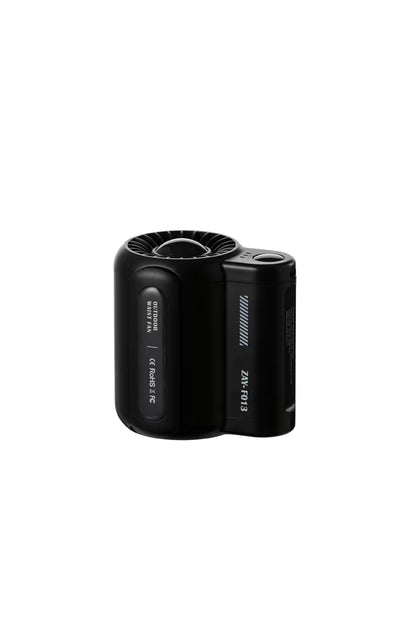 Black cylindrical device with text on a white background