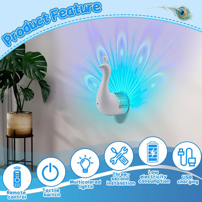 Wall-mounted light fixture with colorful LED lights, plant on the left, and feature icons at the bottom.