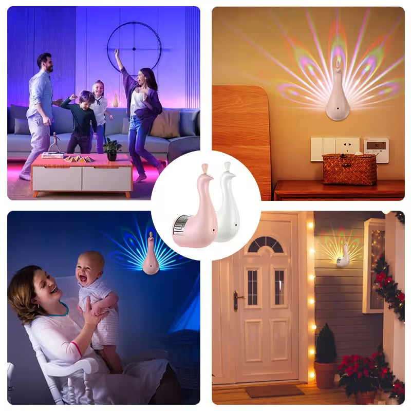 Collage of a projector in various settings including a family playing, wall projection, and outdoor use.