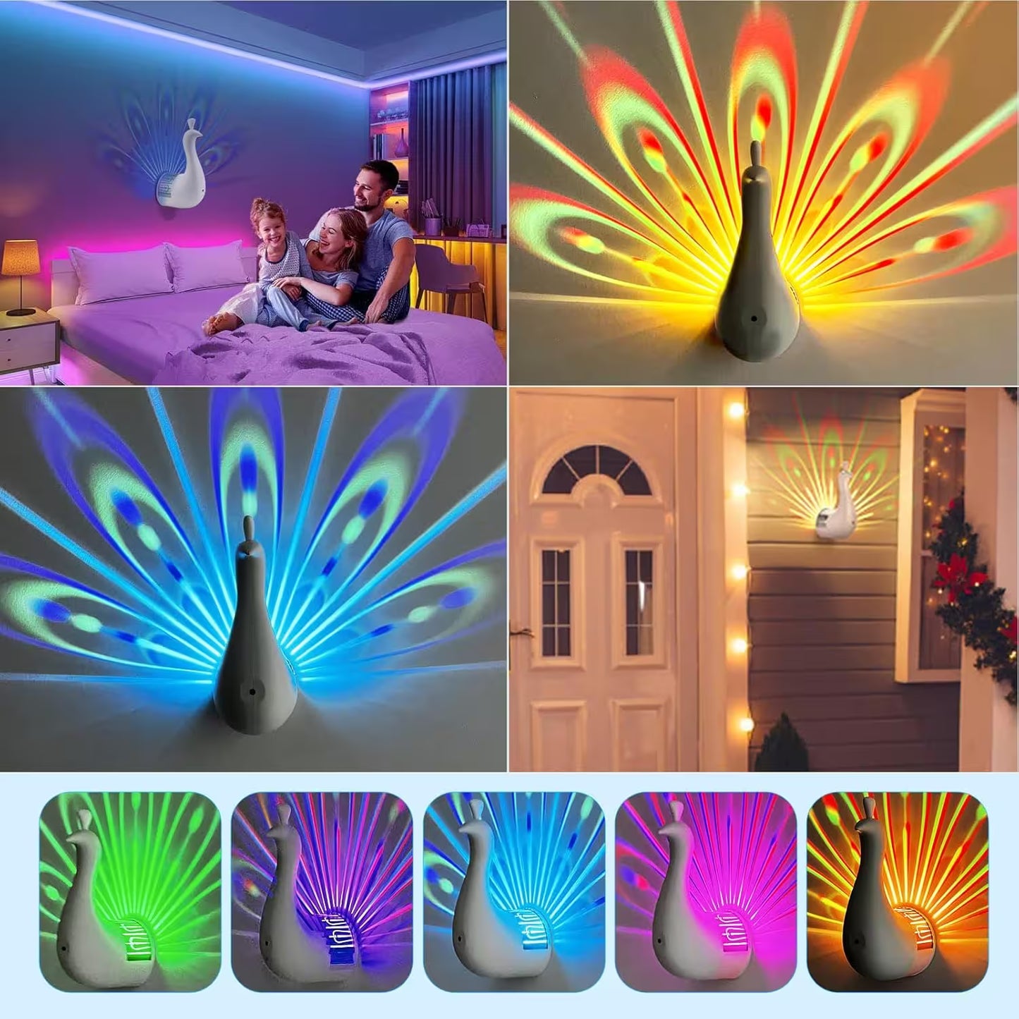 Colorful peacock feather projector with various lighting effects in a bedroom setting.