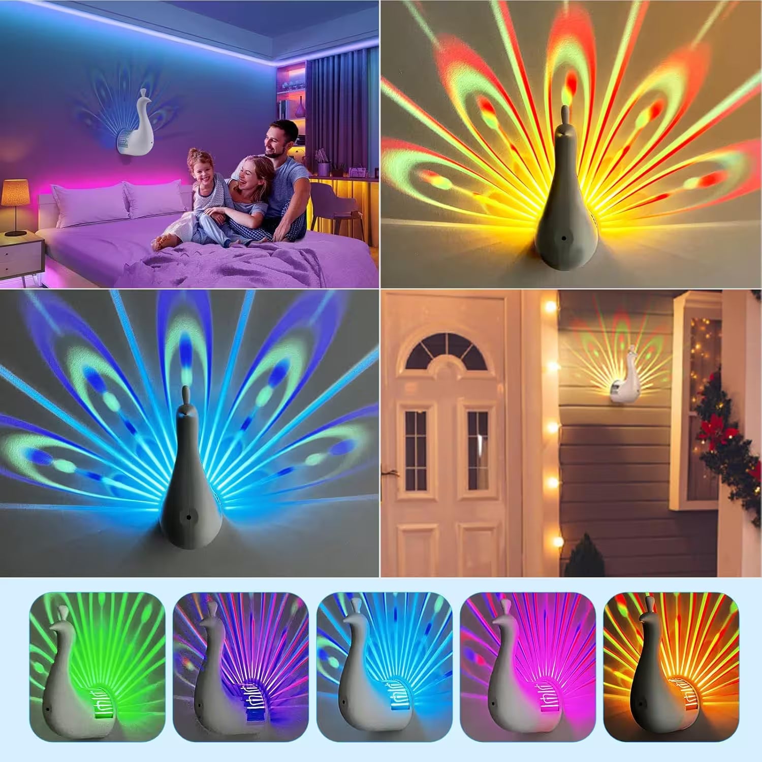 Colorful peacock feather projector with various lighting effects in a bedroom setting.