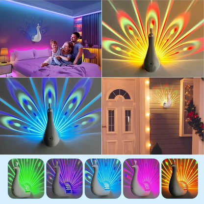Colorful peacock feather projector with various lighting effects in a bedroom setting.