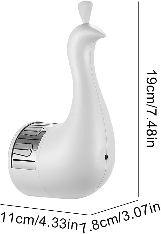 White electronic device shaped like a goose with measurement details on a white background