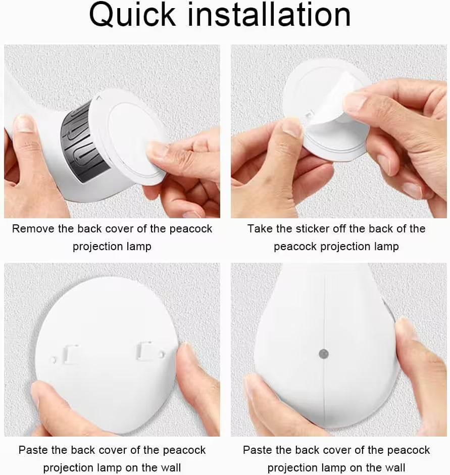 Step-by-step guide on how to install a peacock projection lamp with text instructions.