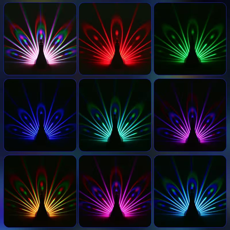 Grid of colorful peacock feather patterns on a dark background