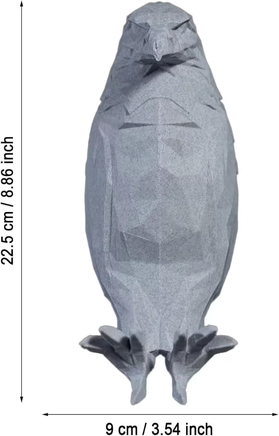 Gray geometric parrot sculpture with dimensions on a white background