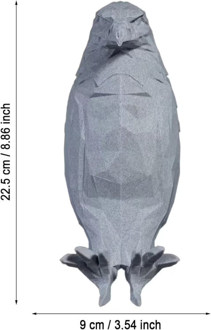Gray geometric parrot sculpture with dimensions on a white background