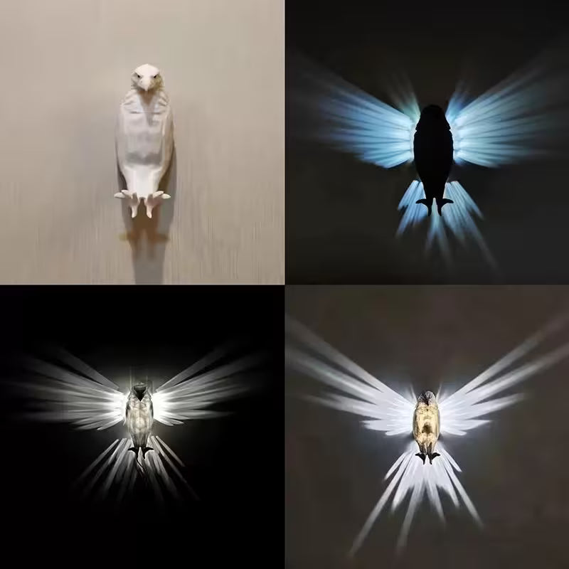 Collage of a bird with glowing wings in different lighting conditions.