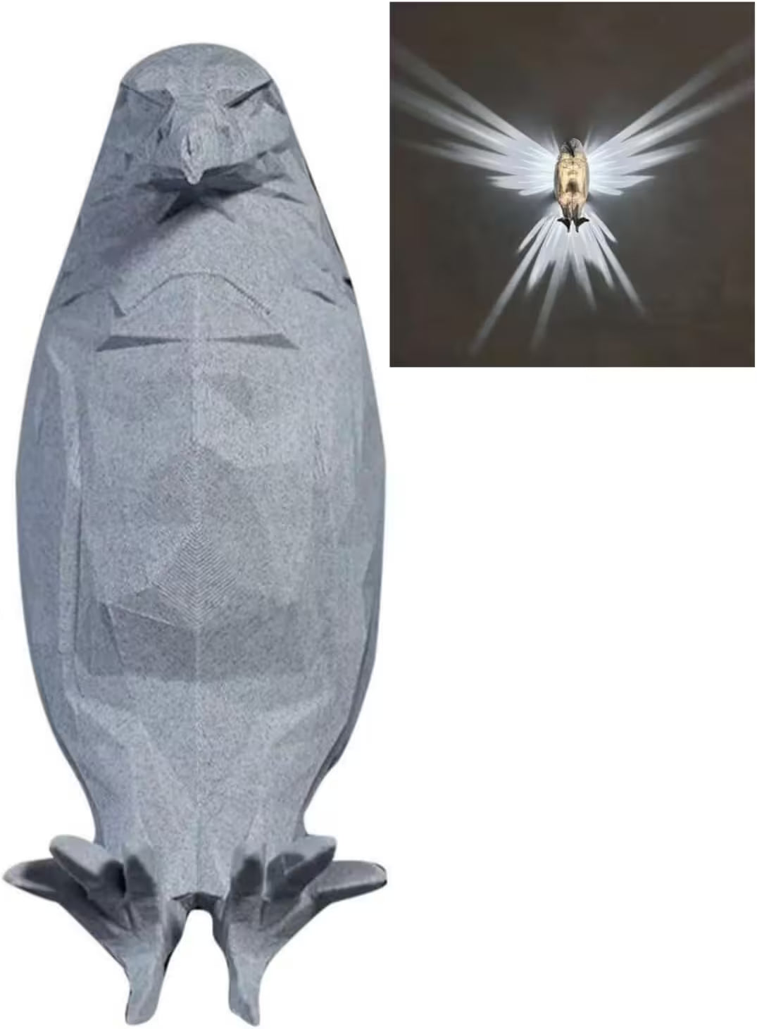 Gray stone sculpture of a bird with inset showing light effect